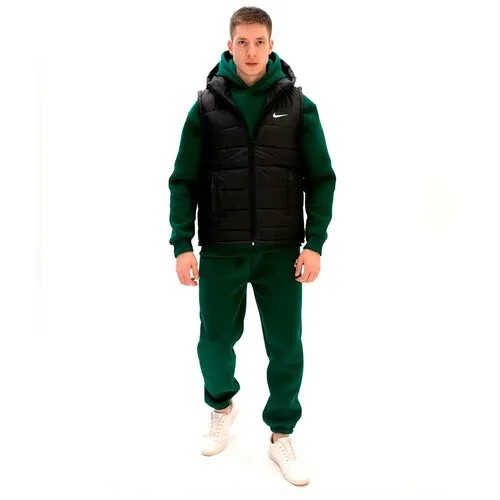 Спортивный костюм Nike тройка-2 (худи+брюки) на флисе (Зелёный) + жилетка (Черная), Размер 52 (XXL)