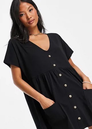 Черное платье мини на пуговицах с присборенной юбкой ASOS DESIGN Petite-Черный цвет