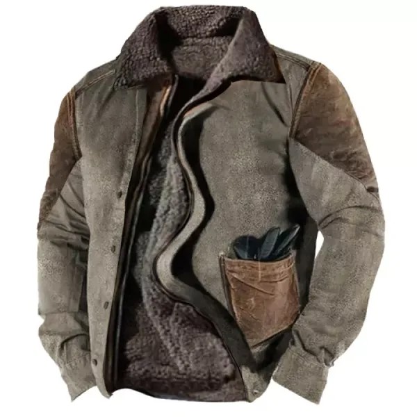 Мужская винтажная флисовая куртка с контрастной вставкой на подкладке из оленьей кожи