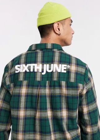 Зеленая рубашка в клетку с логотипом на спине Sixth June-Зеленый