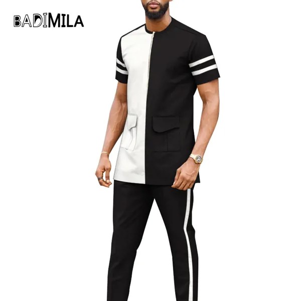 Африканская одежда для мужчин, рубашка и брюки, 2 предмета, рубашка в стиле ретро, контрастный Топ, костюм Дашики, повседневная спортивная одежда WYN1566