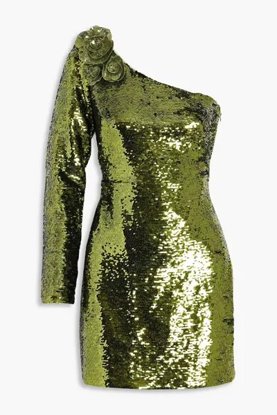 Мини-платье из тюля с одним рукавом и пайетками Marchesa Notte, зеленый лайм