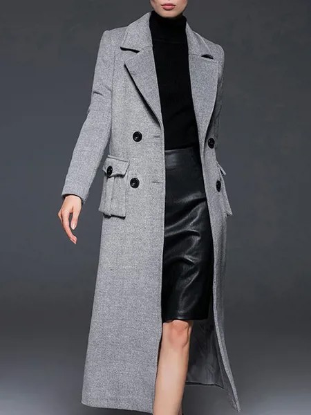 Milanoo Grey Pea Coat Notch Collar Long Sleeve Women's Wool Coats
