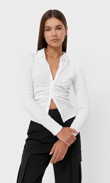 Stradivarius Трикотажная Рубашка Со Сборкой Цвет Небеленого Полотна Xl
