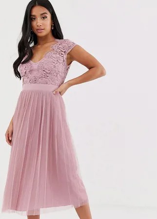 Платье миди с короткими рукавами и кружевной отделкой Little Mistress Petite-Розовый