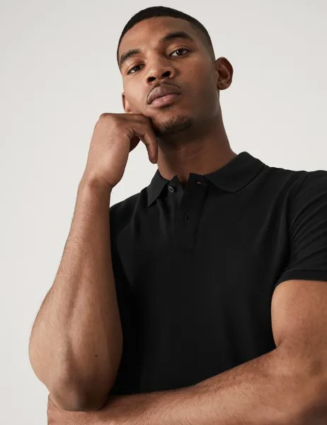 Рубашка поло узкого кроя из чистого хлопка пике Marks & Spencer, черный