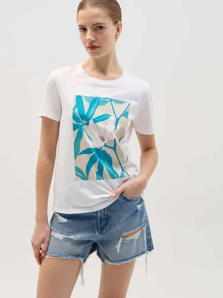 Футболка из хлопкового цвета Stampa Floraleal Ovs, цвет optical white