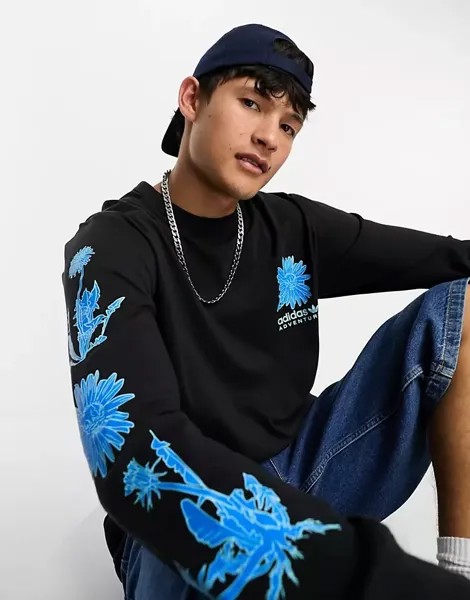 Черная футболка с длинными рукавами и цветочным принтом adidas Originals Adventure, черный