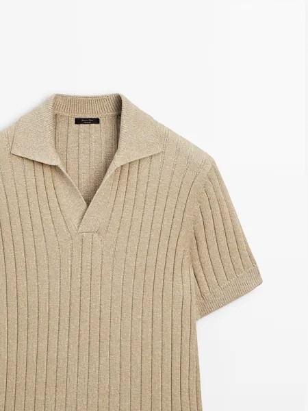 Трикотажный свитер-поло в рубчик с короткими рукавами Massimo Dutti, ecru