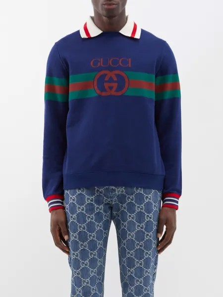 Толстовка из джерси с полосатым воротником и логотипом Gucci, синий
