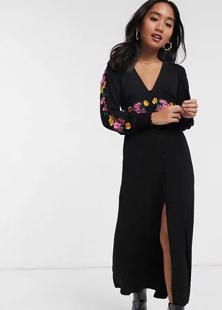 Чайное платье макси с вышивкой и длинными рукавами ASOS DESIGN Petite-Черный