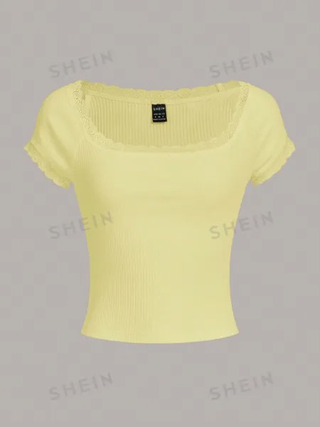 SHEIN Qutie Женская трикотажная футболка с короткими рукавами и кружевным краем, желтый