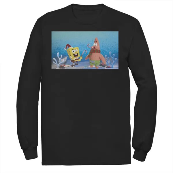 Мужская футболка Губка Боб Квадратные Штаны с длинными рукавами и рисунком «Рождественские друзья Патрика Стар» Nickelodeon, черный