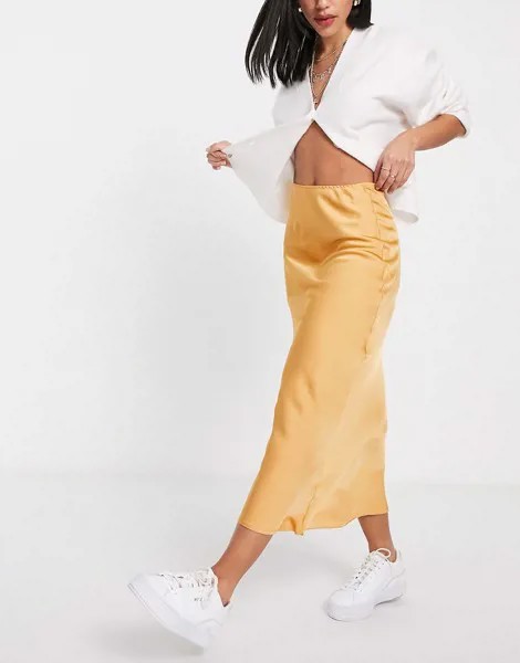 Золотистая атласная юбка миди косого кроя в стиле комбинации ASOS DESIGN-Разноцветный