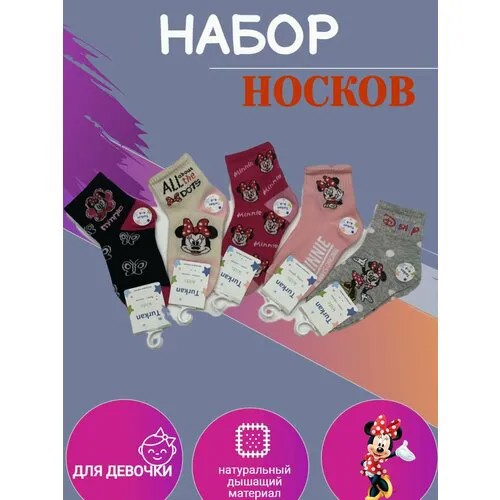 Носки 5 пар, размер 22-25, , серый, бежевый, красный, розовый, черный