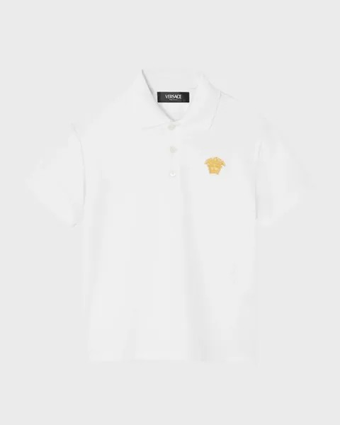 Рубашка-поло для мальчика с вышитой Медузой Versace, цвет White/Gold