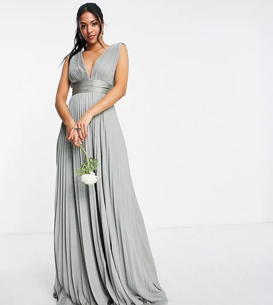 Плиссированное платье макси с бретелями и атласным поясом на талии ASOS DESIGN Tall Bridesmaid-Зеленый цвет