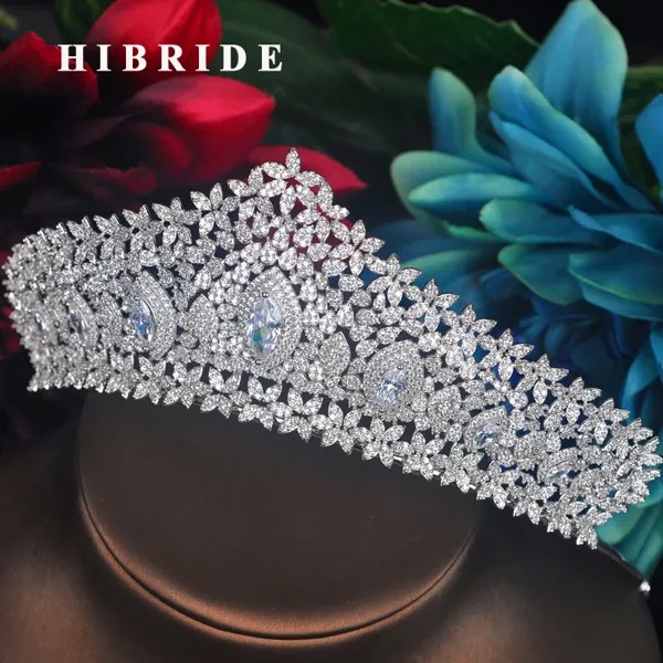 Женские свадебные тиары HIBRIDE, роскошные диадемы и короны большого размера, свадебные аксессуары для волос