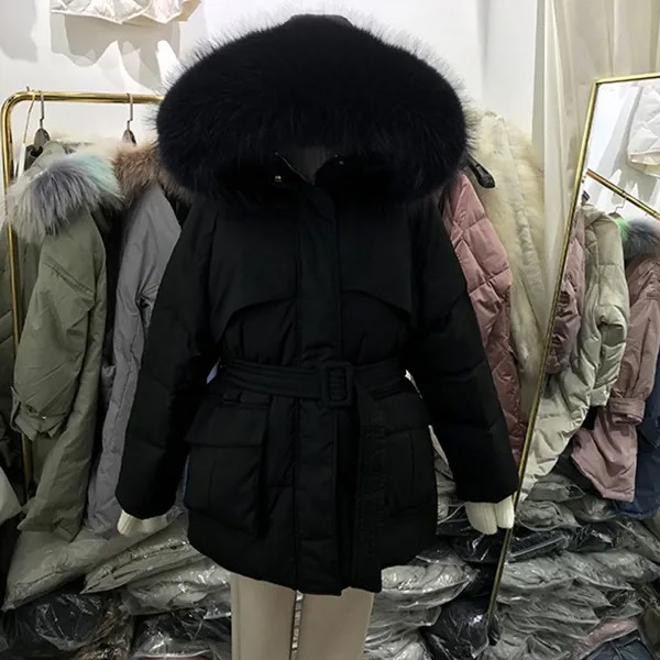 Женский зимний пуховик с большим воротником из натурального Лисьего меха, Женская парка, новинка 2021 года, корейская мода, пальто большого размера, верхняя одежда на осень
