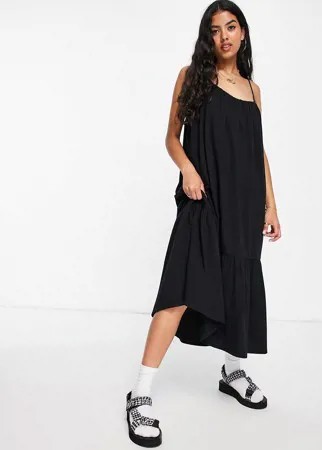 Черный сарафан миди на бретельках и с оборкой по нижнему краю ASOS DESIGN-Черный цвет
