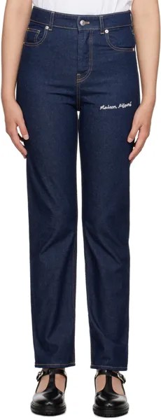 Постиранные джинсы с вышивкой цвета индиго Maison Kitsune