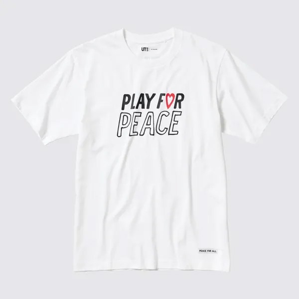 Футболка Uniqlo Peace For All Kei Nishikori с коротким рукавом и рисунком, белый