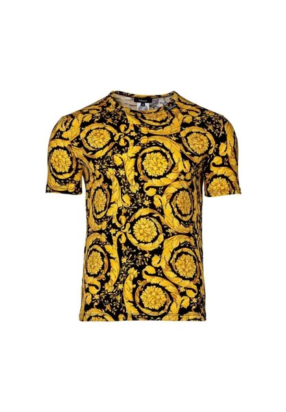 Мужская футболка - майка, круглый вырез, хлопок стрейч, узор барокко VERSACE, цвет Gold Schwarz