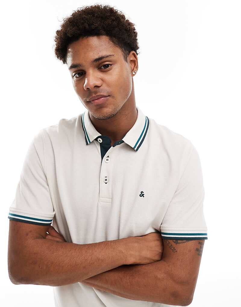 Бежевая рубашка-поло узкого кроя из пике с отделкой и логотипом Jack & Jones
