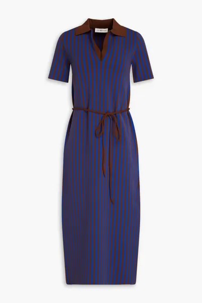 Платье миди жаккардовой вязки в полоску с поясом Tory Burch, ярко-голубой