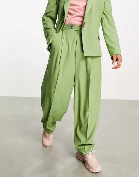 Широкие брюки из саржи цвета хаки с завышенной талией ASOS DESIGN-Зеленый цвет