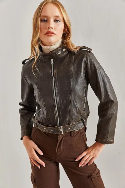 Женская кожаная куртка с погонами и передним ремнем SHADE