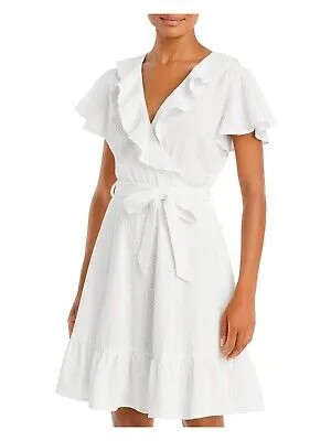 Женское белое трикотажное короткое платье с развевающимися рукавами и поясом LUCY PARIS L