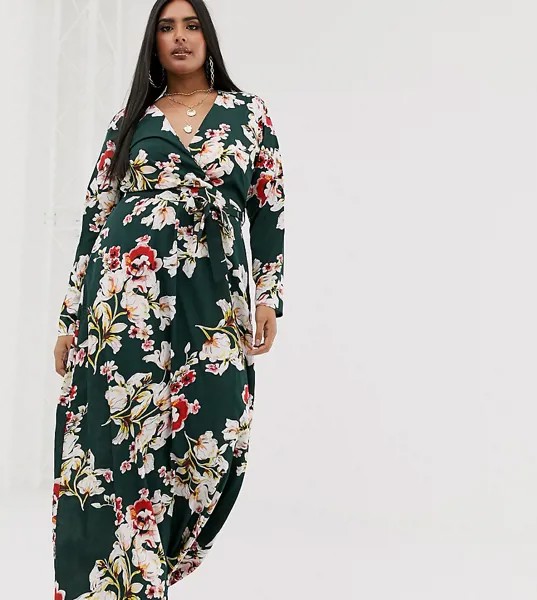Платье макси с глубоким вырезом и цветочным принтом Missguided Plus-Черный