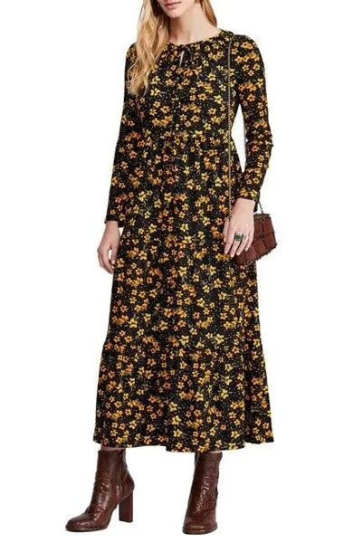 НОВОЕ черное платье макси-миди Prairie с длинными рукавами и длинными рукавами FREE PEOPLE с цветочным принтом L