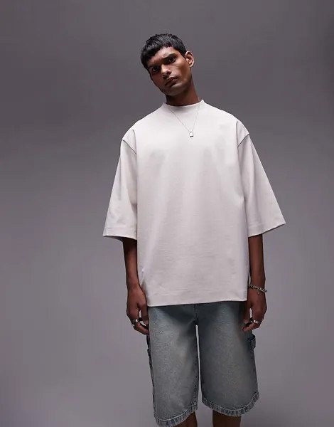 Topman Premium — плотная серо-бежевая футболка свободного кроя плотностью 300 г/м² с рукавами до локтя
