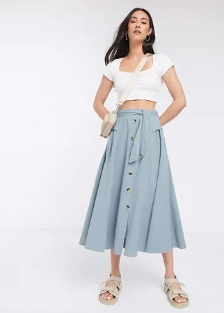 Синяя юбка миди с поясом и пуговицами ASOS DESIGN-Многоцветный