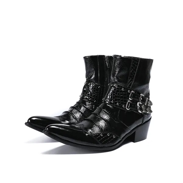 Черные лакированные кожаные ботинки на Высоком толстом каблуке с острым носком и пряжкой, мужские ботинки в британском стиле, вечерние мотоциклетные ковбойские классические ботинки