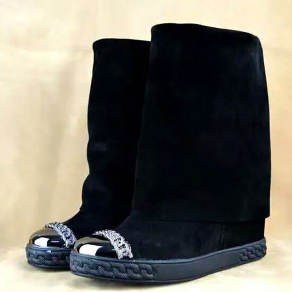 Модные черные ботинки с металлическим носком; женские замшевые ботинки на платформе без шнуровки на весну и осень; женские ботинки для вече...