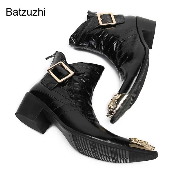 Batzuzhi роскошные мужские ботинки ручной работы новый дизайн золотой железный носок черный натуральная кожа ботильоны мужские 6,5 см каблук Сапоги для вечерние!