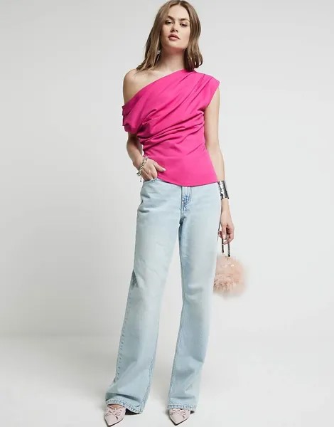 Розовый драпированный топ с открытыми плечами River Island - яркий