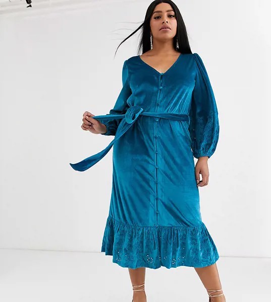 Бархатное платье миди цвета морской волны с вышивкой ришелье ASOS DESIGN Curve-Голубой