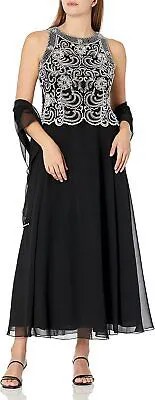 Женское длинное платье без рукавов с фестонами J Kara, черный/белый, 8