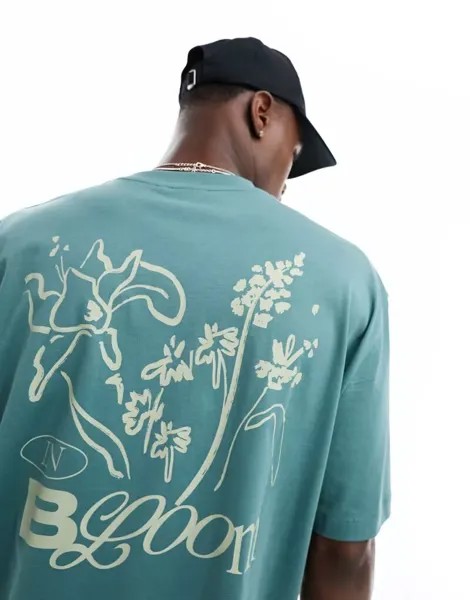 Зеленая футболка оверсайз с цветочным принтом на спине ASOS