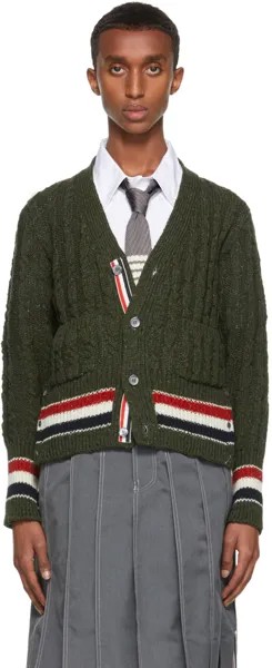 Зеленый кардиган классического кроя в полоску Donegal RWB Thom Browne