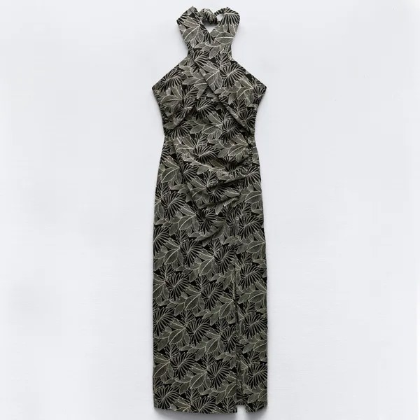 Платье Zara Midi With Embroidered Leaves, черный/белый