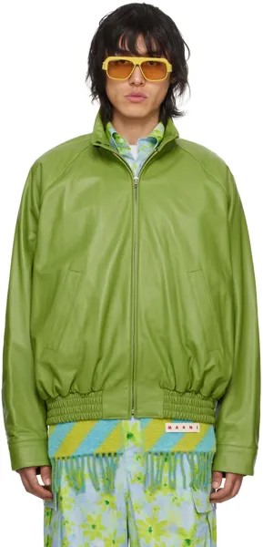Зеленая кожаная куртка с воротником-стойкой Marni