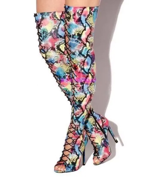 Женские Кожаные ботфорты выше колена, разноцветные привлекательные высокие сапоги с открытым носком и шнуровкой спереди, обувь для верхово...