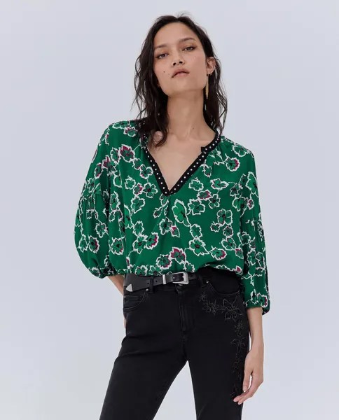Женская блузка с цветами и V-образным вырезом IKKS, зеленый
