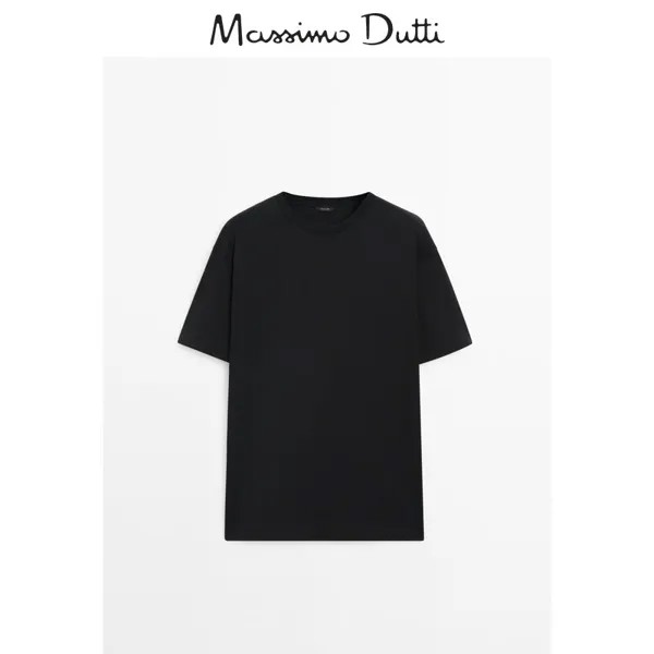 Летняя новинка Massimo Dutti, мужская футболка 2024 года, новая базовая черная повседневная удобная хлопковая футболка с круглым вырезом и заниженными рукавами 01416289800, цвет черный