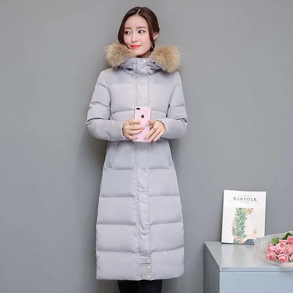Пуховик женский зимний длинный, 2020 г., пальто с натуральным мехом енота, 2418